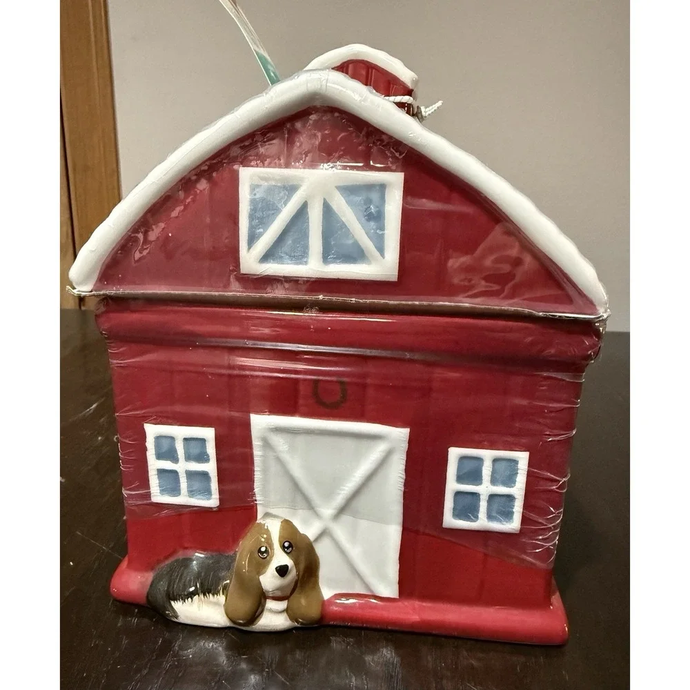 The Pioneer Woman Rustic Red Barn Cookie Jar with Charlie The Basset Hound